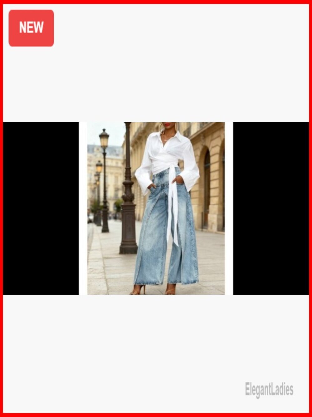 High Waisted Wide Leg Patchwork Jeans Distressed Split Hem Y2K - Picture 7 of 7